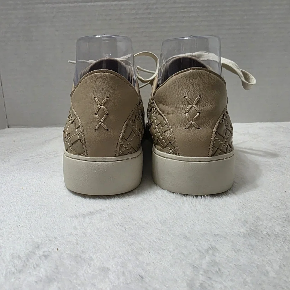 Frye Lena Woven Womens Sneakers Sz  8.5 Tan Leather Low Top Lace Up Comfort Shoe